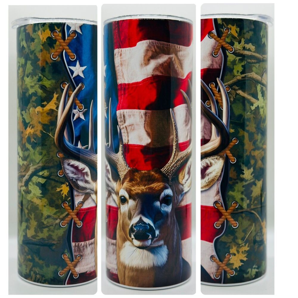NEW Camo Buck Flag 20 oz. Stainless Steel Tumbler w/Straw Set & Silicone Tip
